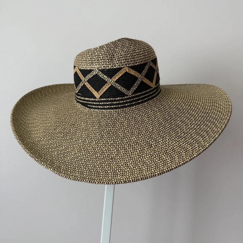Karen Keith OS Black Tan Straw Wide Brim Sun Hat Geo Band Summer Beach Chic